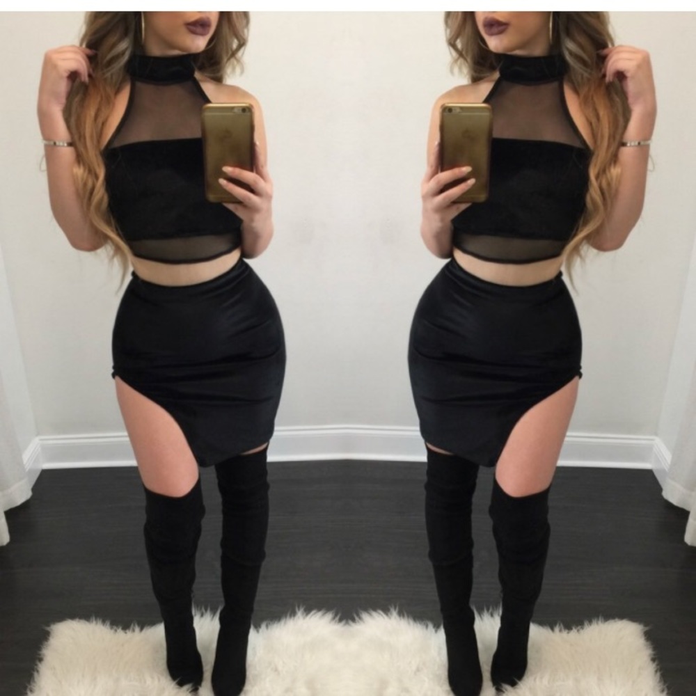 Two piece suede set with sheer top